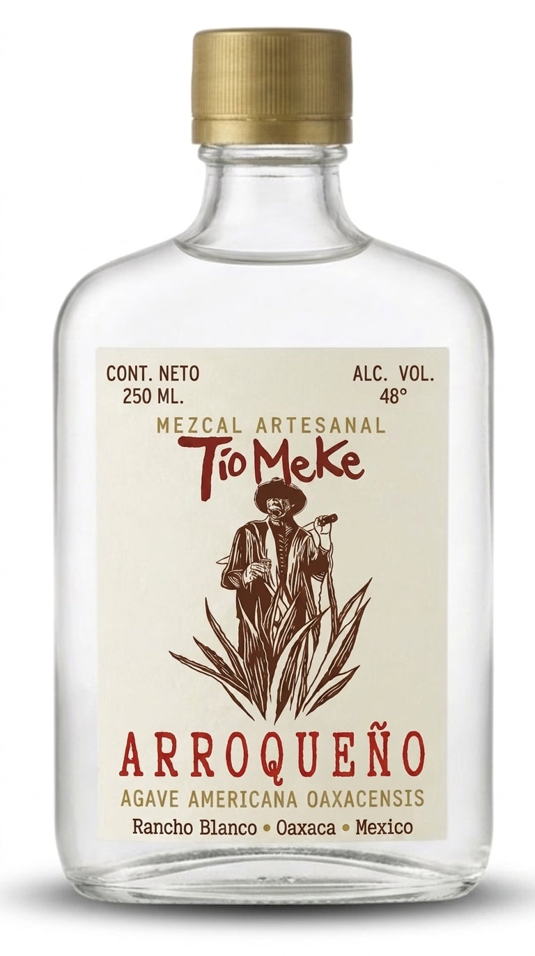 Botella de Mezcal Arroqueño El Tío Meke, joven 48°, lote de 85 litros
