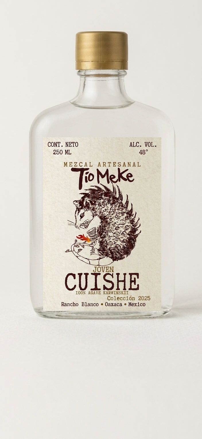 Botella de Mezcal Cuishe El Tío Meke, Colección 2025, joven 48°