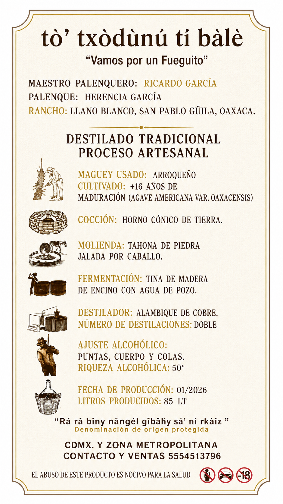 Etiqueta de mezcal artesanal El Tío Meke con datos del palenque