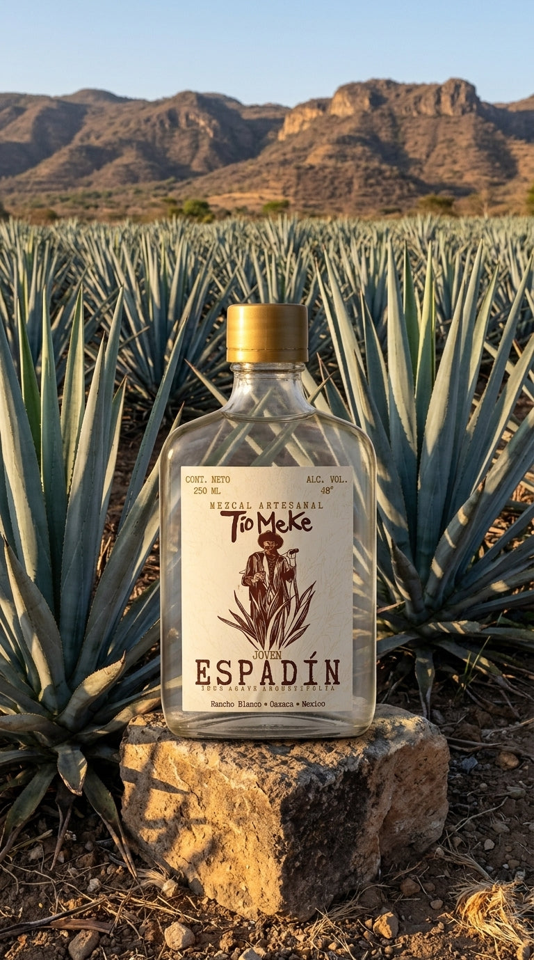 Mezcal Espadín El Tío Meke servido en copita de barro