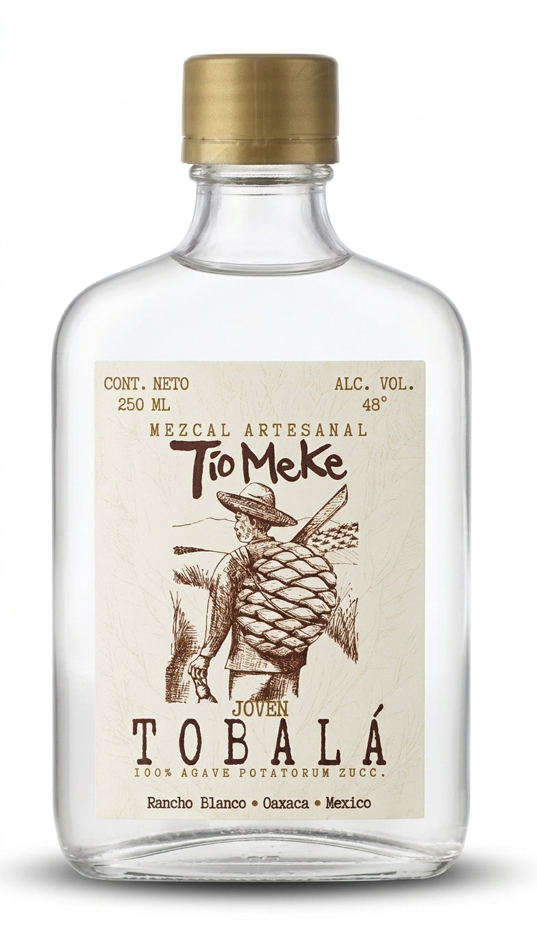Botella de Mezcal Tobalá silvestre El Tío Meke, joven 48°
