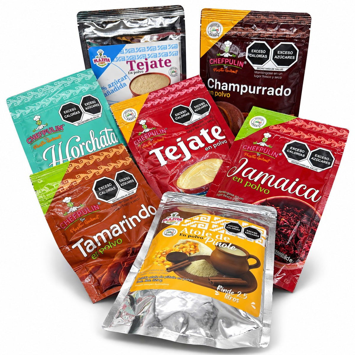 Paquete con siete polvos para bebidas tradicionales oaxaqueñas: tejate, champurrado, horchata, jamaica, tamarindo y atole de pinole