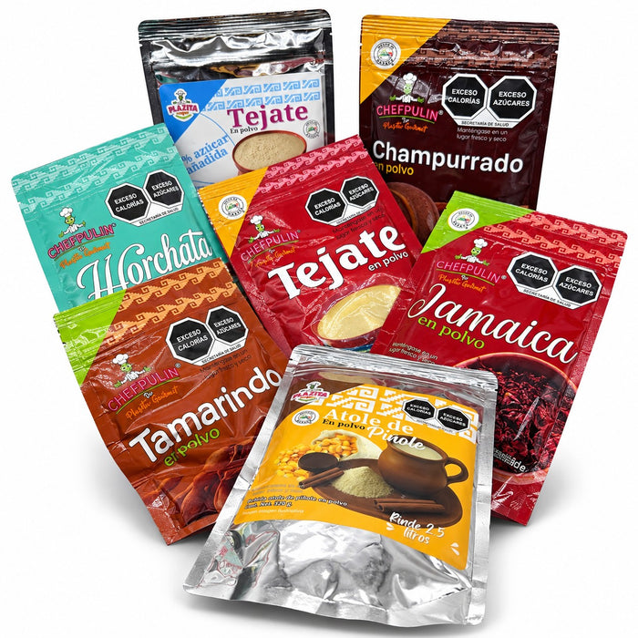 Paquete con siete polvos para bebidas tradicionales oaxaqueñas: tejate, champurrado, horchata, jamaica, tamarindo y atole de pinole