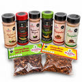 Chapulines adobados de 30 g de Plazita Gourmet, junto a la línea de sales