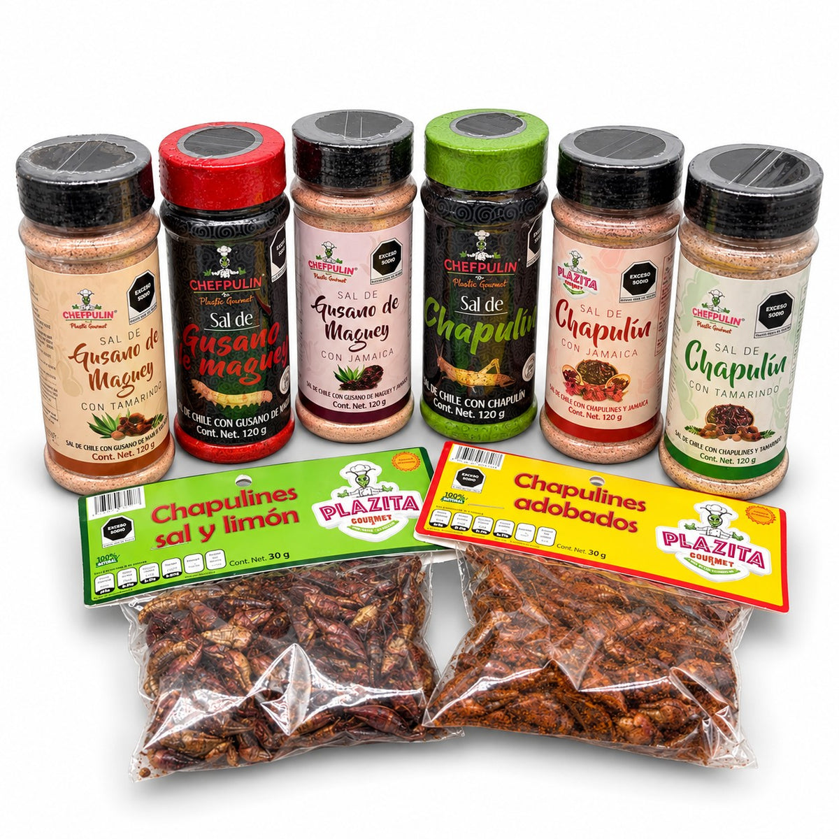 Chapulines con sal y limón de 30 g de Plazita Gourmet, junto a la línea de sales