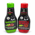 Las dos salsas de 250 g: salsa de chapulines con chile de árbol y salsa de gusanitos de maguey con chile pasilla