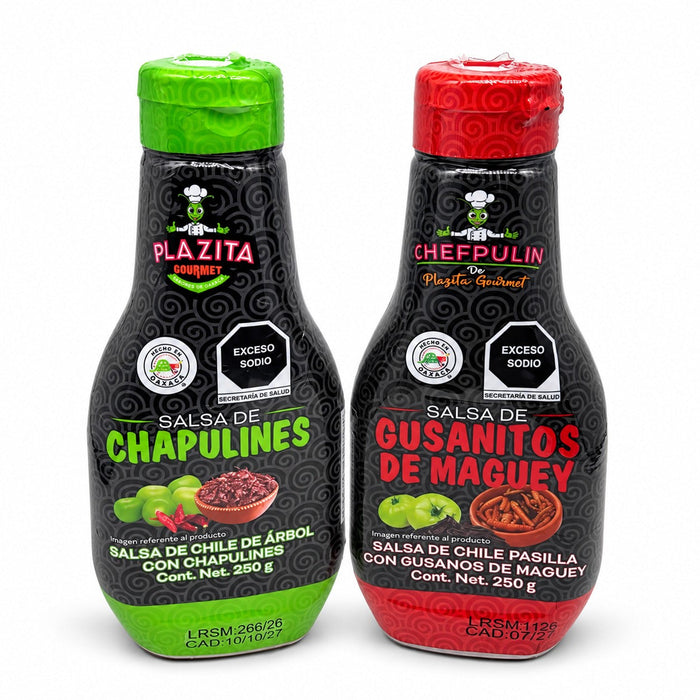 Las dos salsas de 250 g: salsa de chapulines con chile de árbol y salsa de gusanitos de maguey con chile pasilla