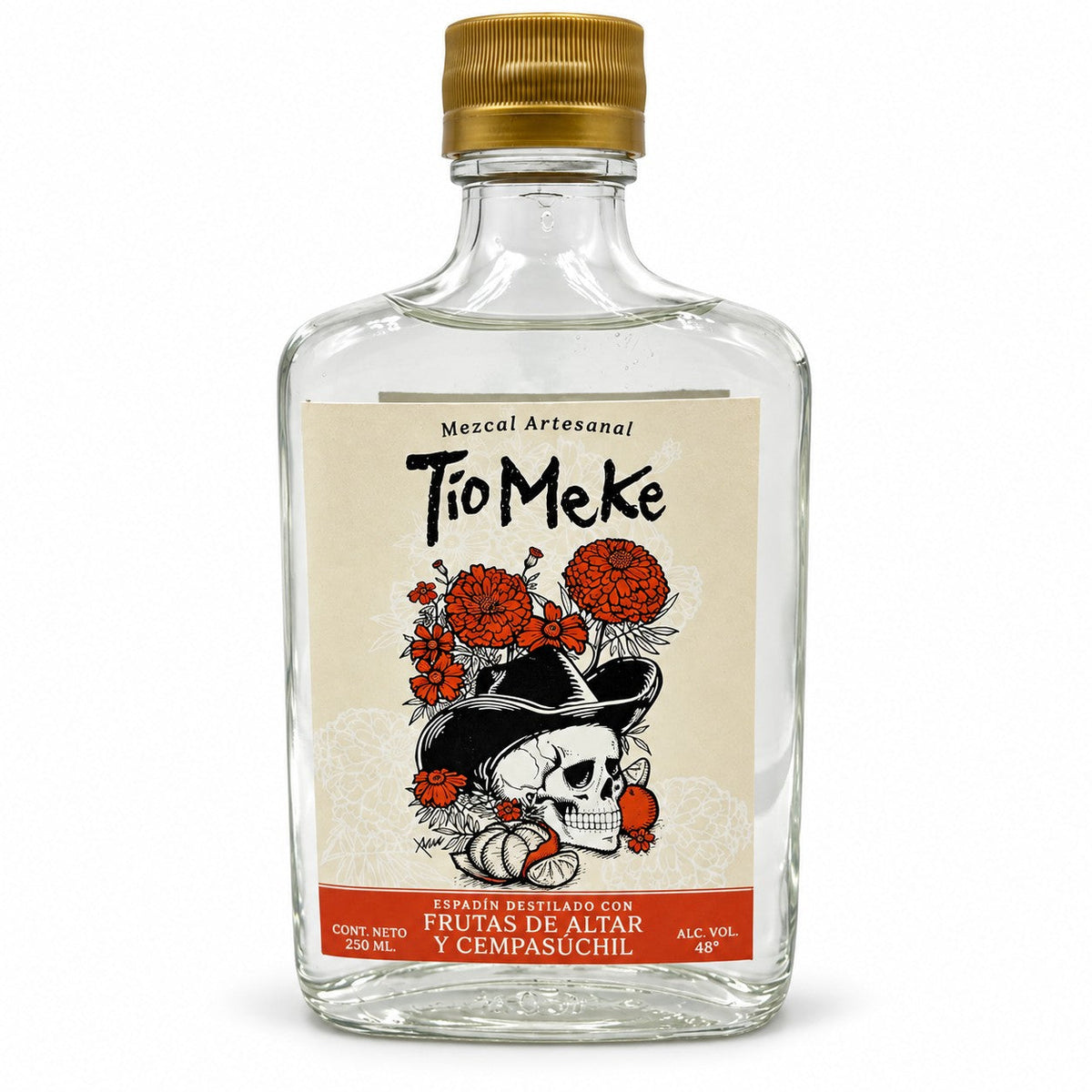 Botella transparente de 250 ml de Mezcal Tío Meke Frutas de Altar y Cempasúchil